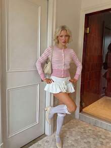 Fancy Everywear Women's Autumn/Winter Pink & White Striped Long Sleeve Button-Front Knit Cardigan, Elegant Versatile Y2K Style, Suitable For Outfits - Multicolor - View 8