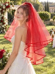 Bridal Veil, Women's Wedding Veil, Simple Tulle Church Style Veil, Suitable For Bachelorette Party And Pre-Wedding Bachelorette Party W-V-1 - Red - View 1
