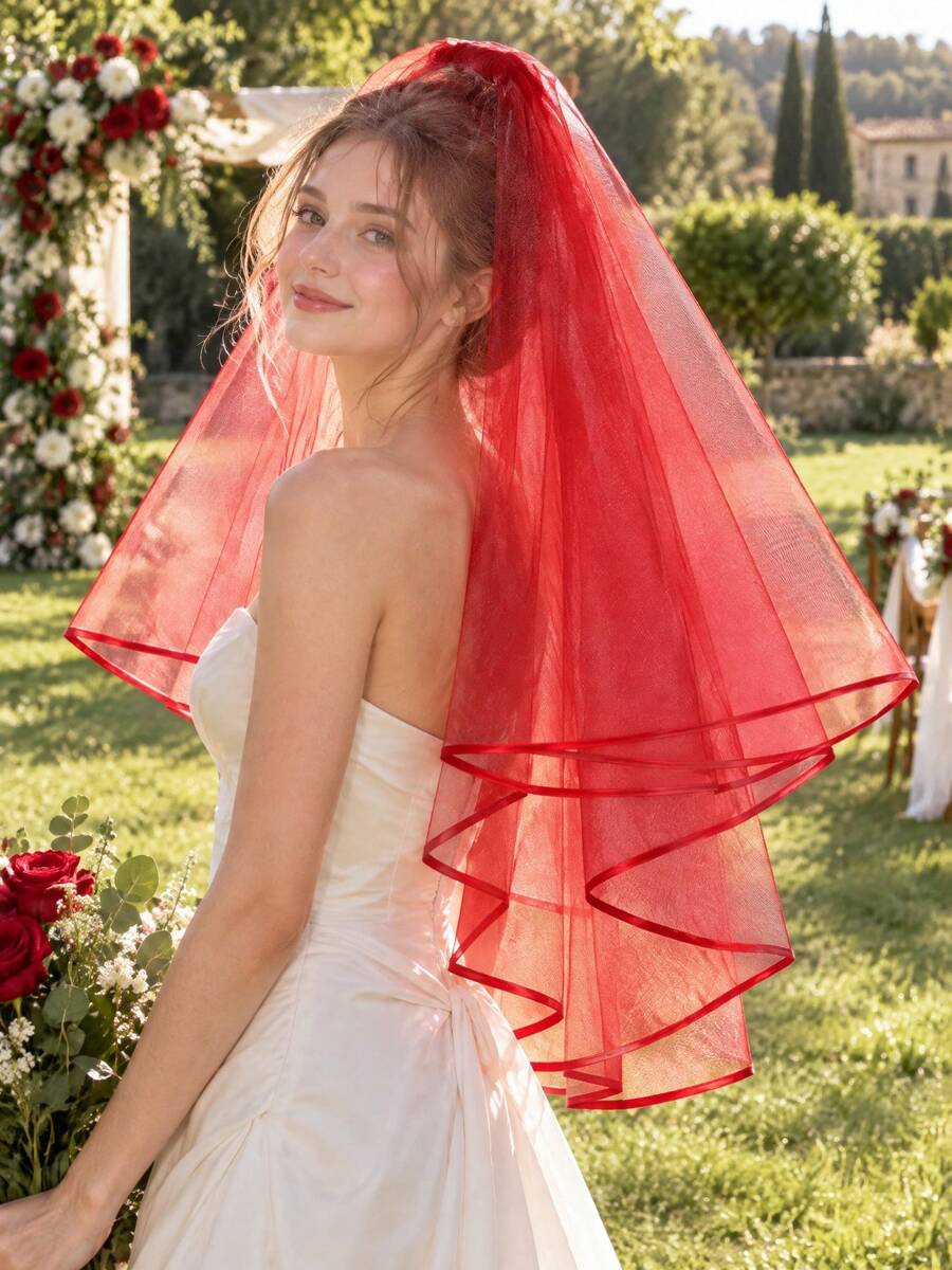 Bridal Veil, Women's Wedding Veil, Simple Tulle Church Style Veil, Suitable For Bachelorette Party And Pre-Wedding Bachelorette Party W-V-1 - Red - View 1
