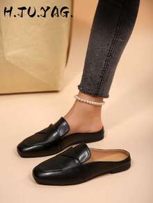 Sandal Selop Model Silang Ujung Persegi, Sepatu Kasual/Kerja Tanpa Bagian Belakang untuk Wanita, Hadiah Hari Ibu - Hitam - View 1