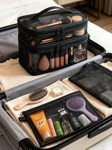 Mesh Makeup And Grooming Storage Bag, Paired With The Same Mesh Portable Storage Bag, Double-Layer Large-Capacity Transparent Toiletry Storage Bag, Portable Cosmetic Organizer With Compartments, Travel And Business Trip Toiletry Storage Pouch - Multicolor - View 2