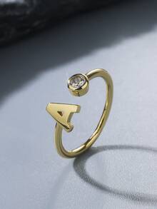 1pc Minimalist Single Zirconia A Letter Open Ring, Suitable For Women's Daily Commute, Versatile For Dates[Brass Ring] - SJZ-085A - View 1