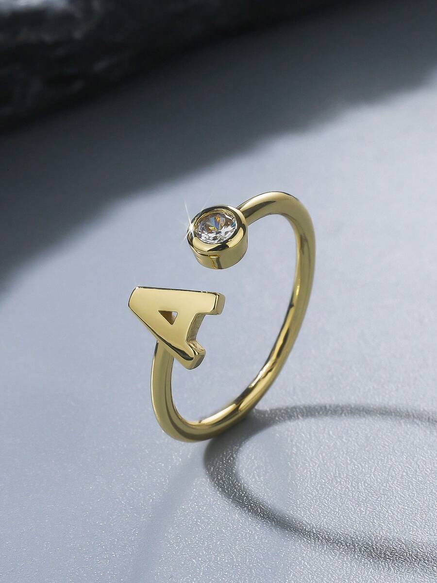 1pc Minimalist Single Zirconia A Letter Open Ring, Suitable For Women's Daily Commute, Versatile For Dates[Brass Ring] - SJZ-085A - View 1