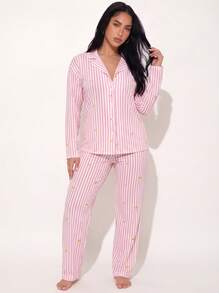 2pcs Set Piyama Wanita Longgar Nyaman Bernapas Atasan Lengan Panjang dan Celana Panjang - Berwarna merah muda - View 9