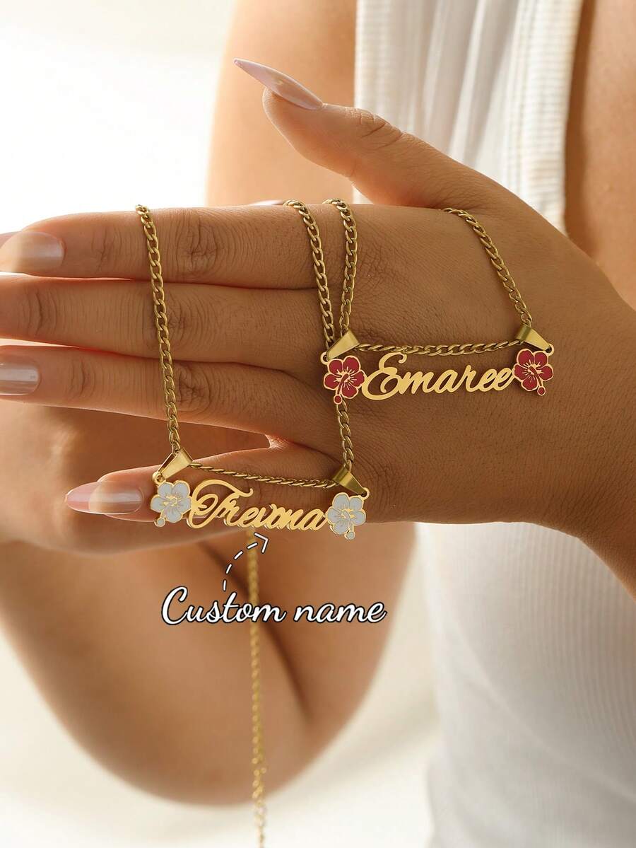 Customized Enamel Flower Name Necklace, Personalized Stainless Steel Women's Fashion Necklace, Suitable As Birthday And Christmas Gift For Friends - Gold - Double Melon 3NK Chain - View 1