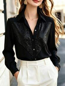 Women's Autumn Sequin Patchwork Front Button Daily Shirt - Black - View 3