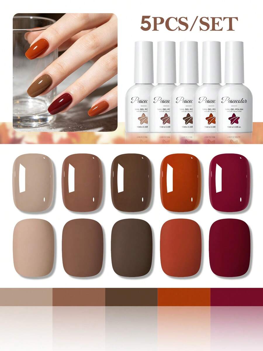 PEACECOLOR 5PCS Gel Nail Polish Set 10ML Fall Winter Brown Soak Off UV LED Cured Solid Color Glossy For Nail Art Manicure Gel Polish Kit