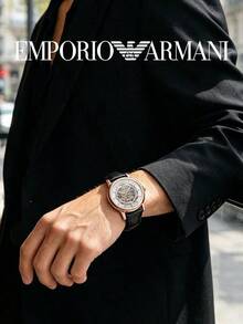 Armani AR60007 Men's Rose Gold Hollow Skeleton Mechanical Watch With Black Crocodile Embossed Leather Strap, Business Style - White - View 8