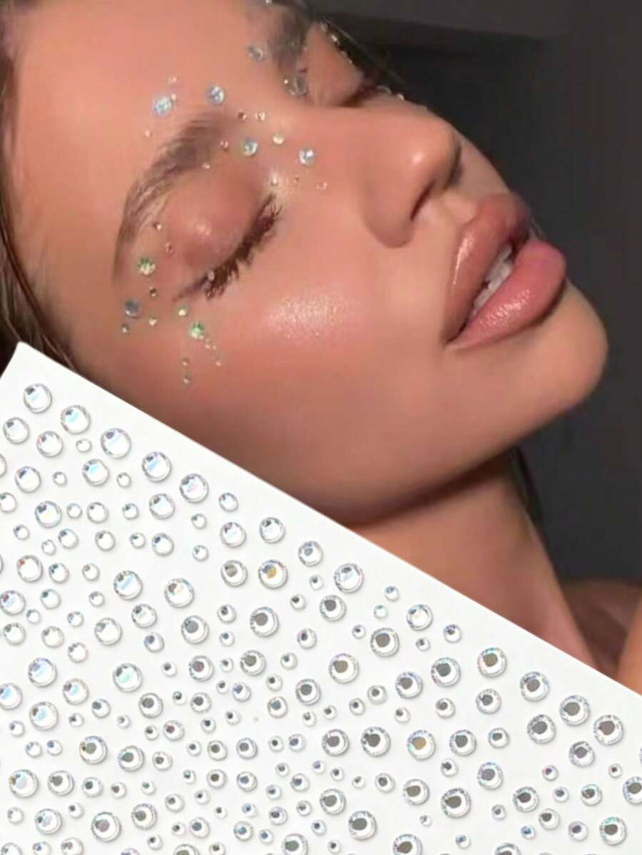 1pc Autumn New Hot-Selling Holographic Laser Round Rhinestone Mixed Size Face Stickers, Y2K Punk Style Facial Makeup Decoration Stickers, DIY Face Stickers Professional Supplies - Multicolor - View 1