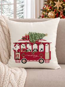 1 buah Sarung Bantal Bordir Pohon Natal, Sarung Bantal Bus Natal & Santa Claus, Dekorasi Natal, Sarung Bantal Sepanjang Musim, Tanpa Isian - MultiWarna - View 2