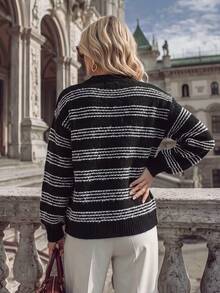 NiceArt Striped Sweater, Black Casual Elegant Round Neck Dropped Shoulder Long Sleeve Pullover Knit Top For Women, Suitable For Ball, Party, Halloween - Black and White - View 2