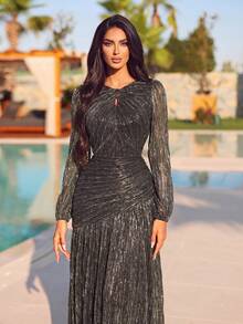 Elegant Round Neck Front Cut-Out Evening Gown, Suitable For Weddings, Balls, Anniversaries And Formal Occasions Party Fall - Gold - View 7