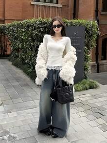 Women's Autumn/Winter White Lace Trim Slim Waist Design High Elastic Ribbed Long Sleeve V-Neck Slimming Casual T-Shirt - White - View 6