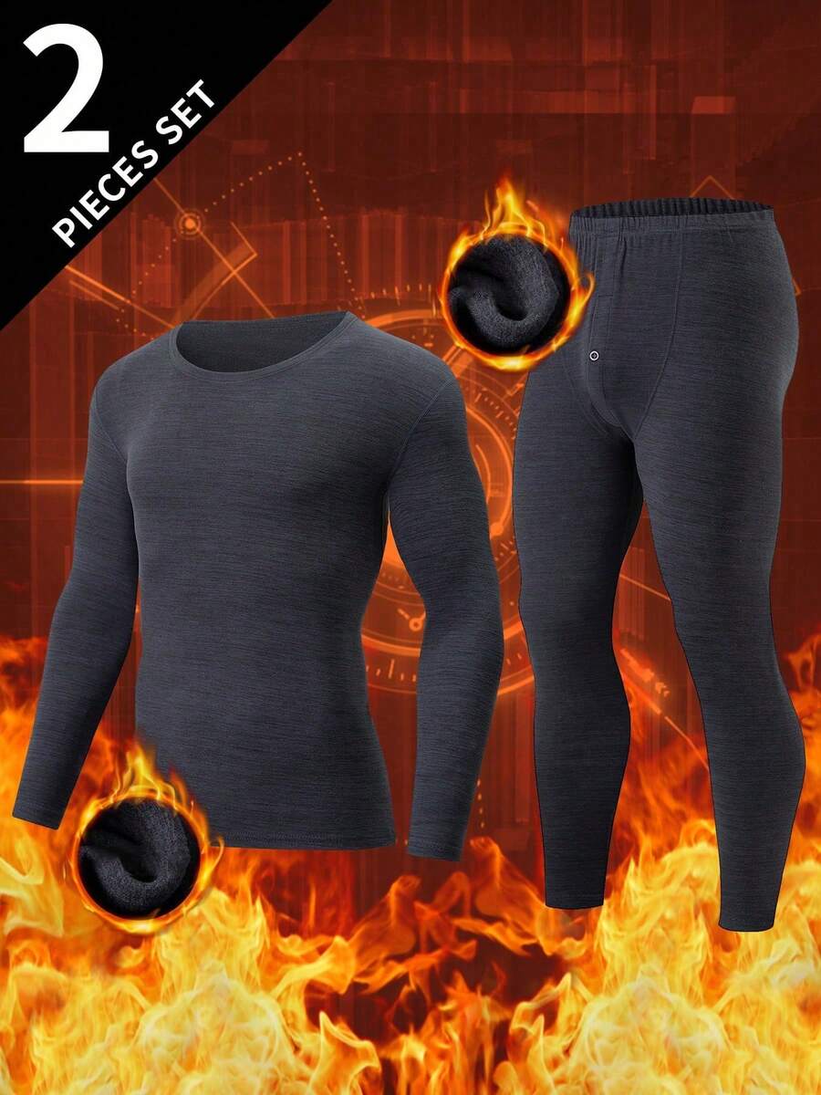 2pcs Men's Thermal Underwear Set, Long Sleeve T-Shirt + Pants, Warm Casual Base Layer For Autumn/Winter - Dark Grey - View 1