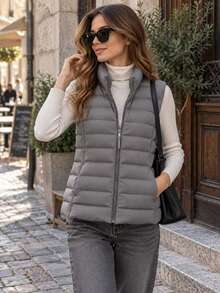Women's Lightweight Puffer Vest, Sleeveless Zip-Up Stand Collar Quilted Gilet With Pockets, Casual Everyday Layering Jacket For Spring & Fall - Grey - View 2