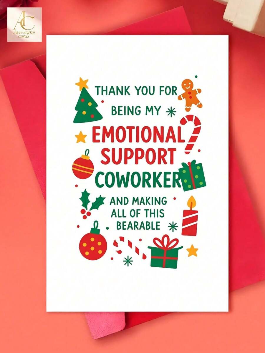OBOVAY Colorful Doodle Christmas Greeting Card Covered With Gingerbread Man, Candy Cane, Bauble And Gift Illustrations, Sincere Thank-You Text Appreciating Coworker, Blank Inner Space For Seasonal Gratitude - View 1
