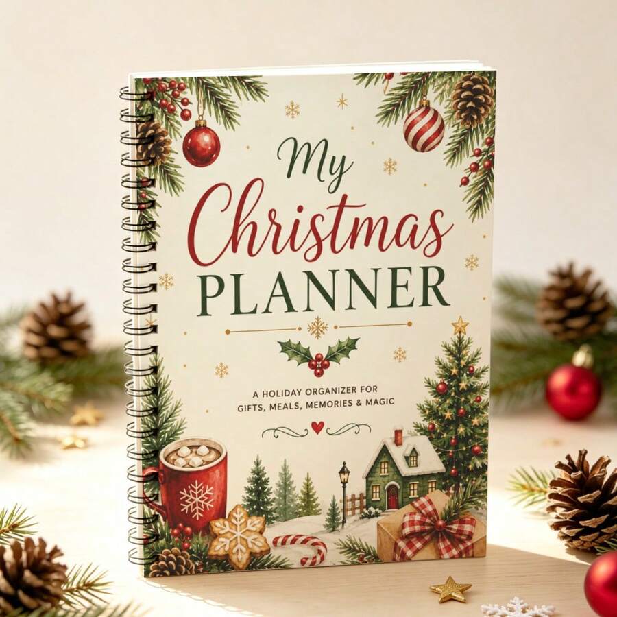 1Pc A5 Spiral Christmas Planner Notebook, Winter Holly & Pine Print, Holiday Organizer Journal For Home Planning - A5 - View 1