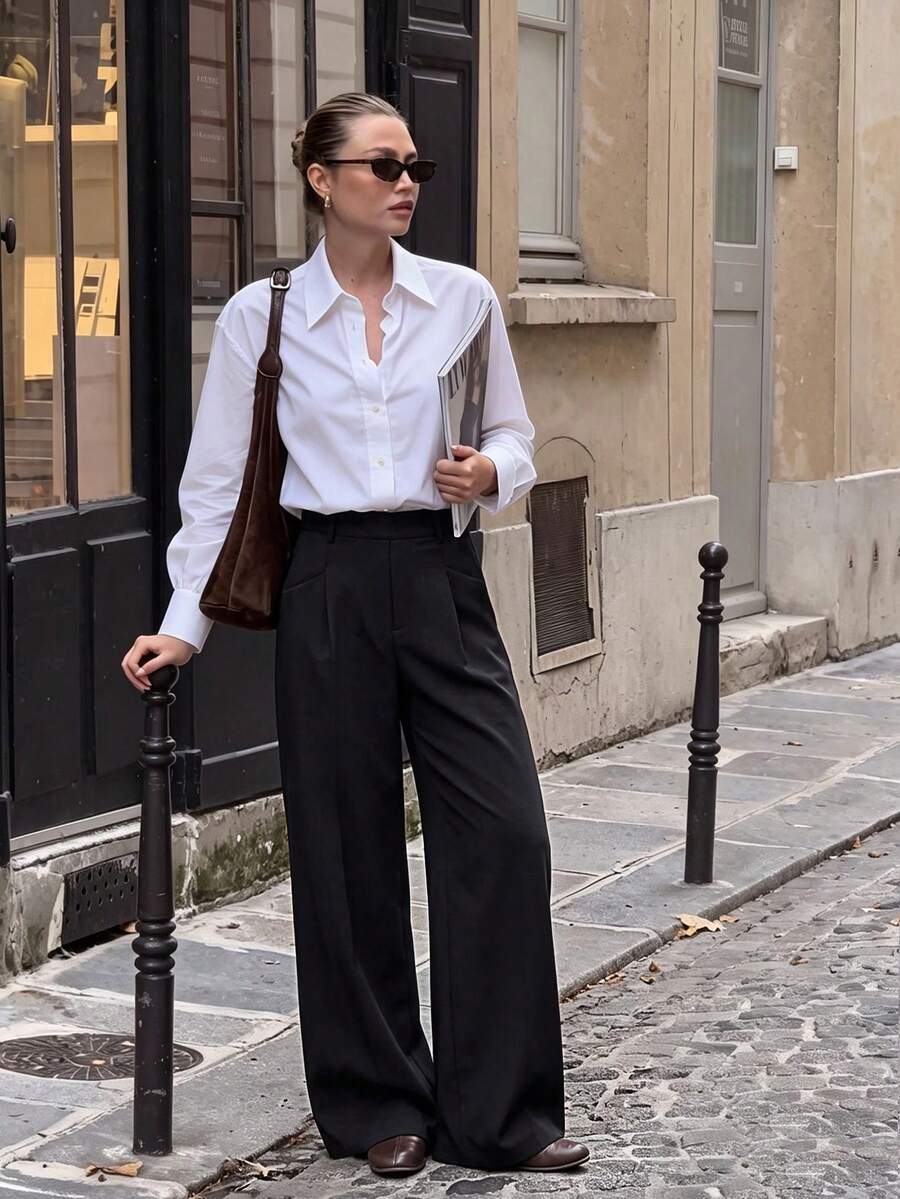 Women's High Waist Pleated Wide Leg Suit Pants, Pure Black Draped Loose Fit Commuter Long Pants With Pockets - Black - View 1