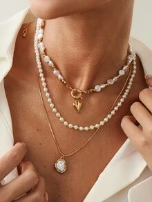 3pcs Luxury Elegant Baroque Irregular Faux Pearl Beaded Necklace, Fashionable Ins Style Heart-Shaped Pendant Collarbone Jewelry - Gold - View 2