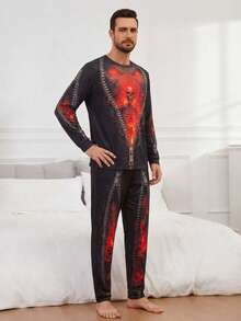Men's Halloween Themed Pajamas, Skeleton Flame Print Long Sleeve Top + Pants, Fun Design Holiday Party Outfit Recommendation - Black - View 5