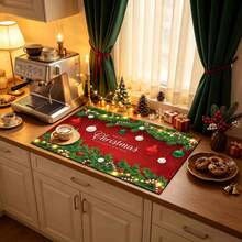 1pc, Christmas Series, Pine Branch & Colorful Ball Christmas Border Pattern Printed Coffee Bar Mat, Drainage Mat, Coffee Machine Soft Bottom Diatomaceous Earth Drainage Mat, Soft Rubber Drainage Mat, Super Absorbent & Wear-Resistant Dish Drying Mat, For Countertop Restaurant Kitchen Table Mat, Patio Dining Table Decor, Home Kitchen Supplies, Countertop Decor Mat - Multicolor - View 2