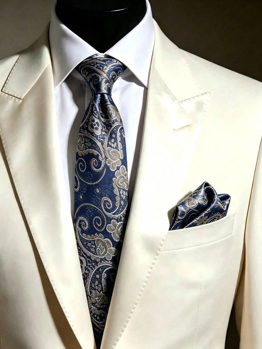 2pcs Men's Business Fashion Premium Minimalist Versatile Tie & Pocket Square Set, Suitable For Wedding, Party, Gathering, Workplace - Gold Paisley On Blue Background - View 1