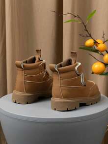 Boys' Energetic Caramel Camel Double Hook & Loop Ankle Boots, Thick Sole Round Toe Design, Suitable For Outdoor Outings And Autumn/Winter Outfits - Camel - View 3