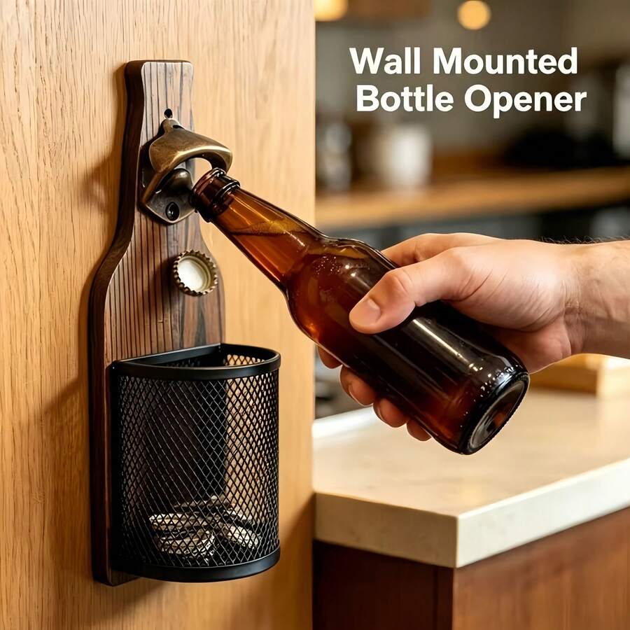 Wall-Mounted Wooden Bottle Opener With Bottle Cap Collector, Rustic Decor For Bar, Pub, Cafe And Outdoor Garden Wall