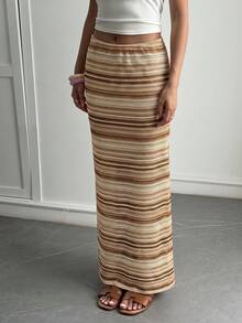 Vellofy Women's Autumn/Winter Striped Crochet Knit Slim Fit Long Pencil Skirt, Elastic Waist Casual Home Daily Date Party Maxi Skirt - Khaki - View 2