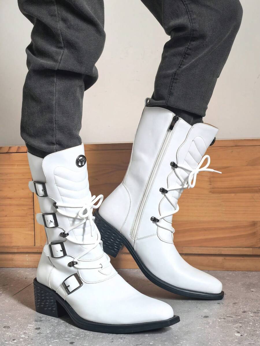 ZCZ Sepatu Bot Setinggi Betis Model Knight dengan Dekorasi Banyak Gesper, Tali Pengikat, Resleting Samping, Hak Tebal Gaya Barat, Putih - Putih - View 1