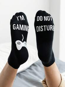 2雙男士禮品襪，地板襪，防滑襪，中筒襪，印有「I'm Playing Games, Do Not Disturb」文字，適合兄弟與朋友的趣味襪 - 黑色 - 查看 4