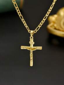 1pc Unisex Retro Cross Shape Pendant Necklace, Gold Plated Figaro Link Chain Daily Wear Statement Neck Jewelry, Gift For Men Women - Yellow Gold - View 2