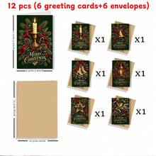 12pcs Christmas Greeting Cards With Envelopes, 6 Styles Deep Green Vintage Christmas Candle Bell Skating Lantern Pattern Holiday Note Cards, Merry Christmas Blank Cards, Suitable For Seasonal Greetings And Party Invitations - Multicolor - View 2