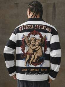 Men's Vintage Striped Portrait Letter Print Polo Shirt Top - Multicolor - View 2