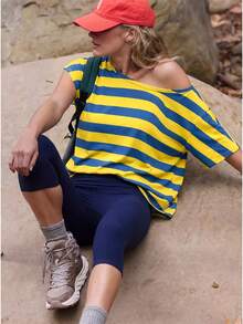 Speed mate One-Shoulder Striped T-Shirt, Bold Horizontal Stripe Pattern, Casual Loose Fit Sports Top - Multicolor - View 5