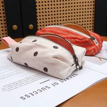1pc Striped And Polka Dot Linen Pencil Case, Ins Style Large Capacity Zippered Bag With Handle, Back To School Student Stationery Bag - Multicolor - View 9