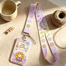 1 Piece Kawaii Positive Quote ID Badge Holder With Lanyard, Cute Sunflower Cloud Heart Print Card Holder For Student Office Work, Lovely Gift - Multicolor - View 1