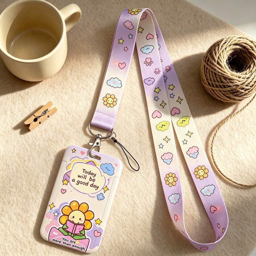1 Piece Kawaii Positive Quote ID Badge Holder With Lanyard, Cute Sunflower Cloud Heart Print Card Holder For Student Office Work, Lovely Gift - Multicolor - View 1