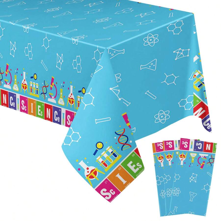 1pc/3pcs Fun Science Experiment Theme Disposable Plastic Tablecloth, Suitable For Science Theme Birthday Party, School Event, Children's Party, Study Tour Activity Party Decoration 137*274cm - Multicolor - View 1