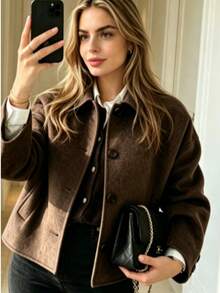 Women's Loose Short Jacket, Lapel Front Button Short Coat, Suitable For Daily Wear - Coffee Brown - View 2