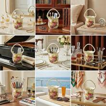 Ceramic Utensil Holder With Handle, Vintage Rose Floral Cutlery Organizer, Countertop Spoon Fork Knife Storage Box - View 5