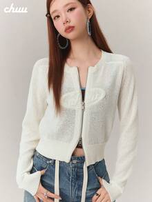 CHUU Letter Zipper Long Sleeve Knit Cardigan Women Spring Autumn Light Blue Round Neck Short Jacket Top - White - View 1