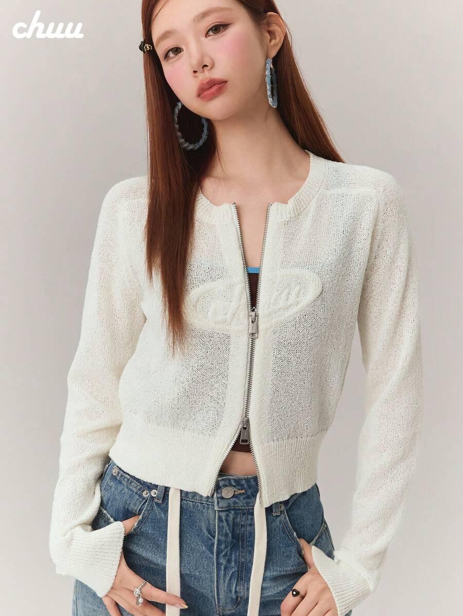 CHUU Letter Zipper Long Sleeve Knit Cardigan Women Spring Autumn Light Blue Round Neck Short Jacket Top - White - View 1