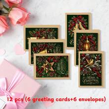 12pcs Christmas Greeting Cards With Envelopes, 6 Styles Deep Green Vintage Christmas Candle Bell Skating Lantern Pattern Holiday Note Cards, Merry Christmas Blank Cards, Suitable For Seasonal Greetings And Party Invitations - Multicolor - View 3
