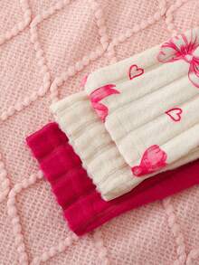 Sweet Style Girls' 3-Piece Thermal Underwear Set, Pink Bow Pattern Ribbed Crew Neck Long Sleeve Top + Pants, Cozy Home Wear Autumn Outfit - Multicolor - View 7
