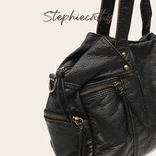 STEPHIECATHY Women's Retro Casual Chic Street Style Washed PU Leather Zipper Multi-Pocket Large Capacity Tote Bag, Fits 13-Inch Laptop, Adjustable Shoulder Strap For Crossbody Or Shoulder Wear, Suitable For Daily Commute, College, Short Trips, Rockabilly, Y2K, Gothic Punk Style - Black - View 5