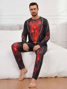 Men's Halloween Themed Pajamas, Skeleton Flame Print Long Sleeve Top + Pants, Fun Design Holiday Party Outfit Recommendation - Black - View 4