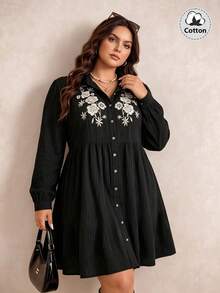 Rusttydustty Women's Plus Size Black Floral Embroidered Casual Daily Commute Dress - Black - View 1
