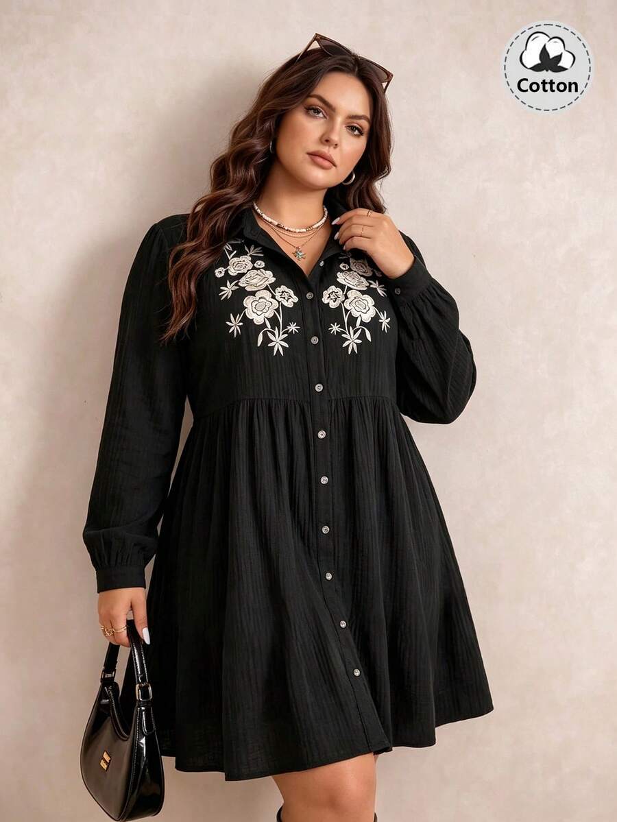 Rusttydustty Women's Plus Size Black Floral Embroidered Casual Daily Commute Dress - Black - View 1