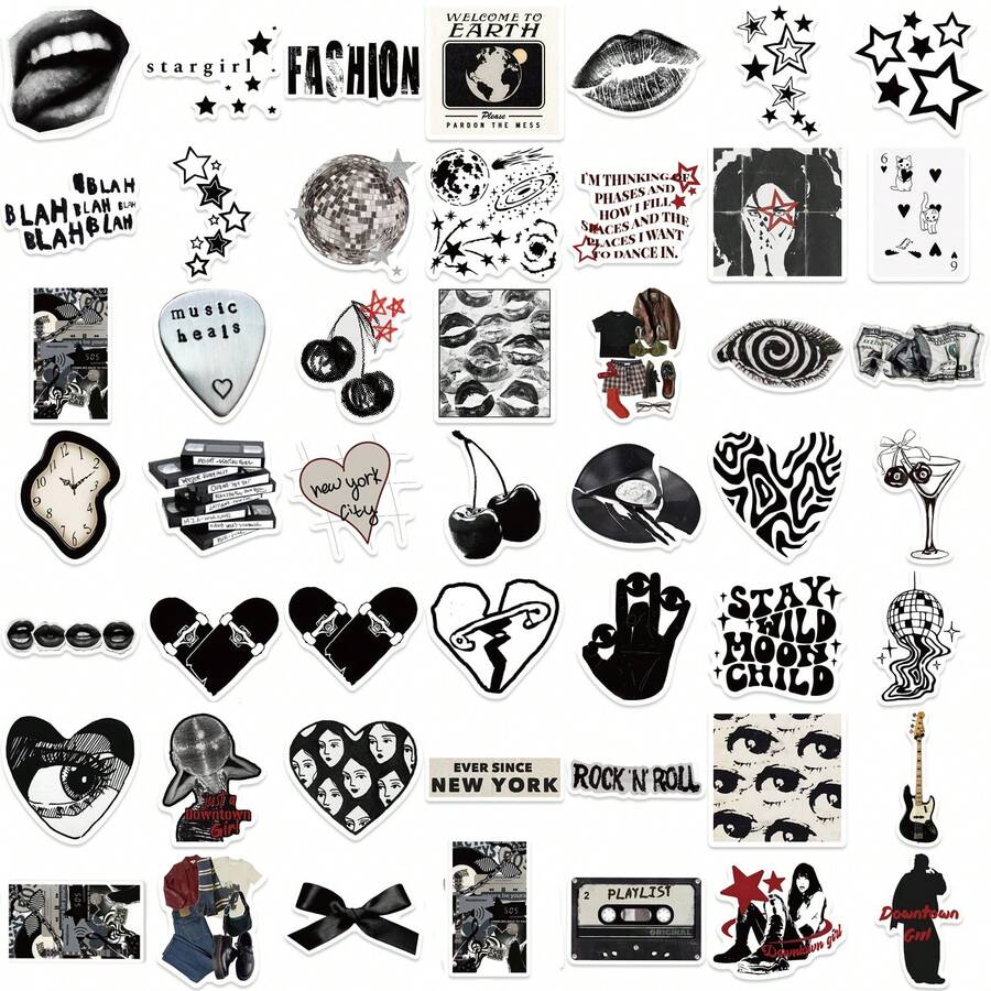 somoving 50pcs Art Black & White Collage Stickers, With Bold Patterns, Vintage Elements And Expressive Layouts, Creative Visual Aesthetic Vinyl Decorative Stickers - Suitable For Decorating Laptops, Phones, Guitars, Water Bottles, Cars - Multicolor - View 1